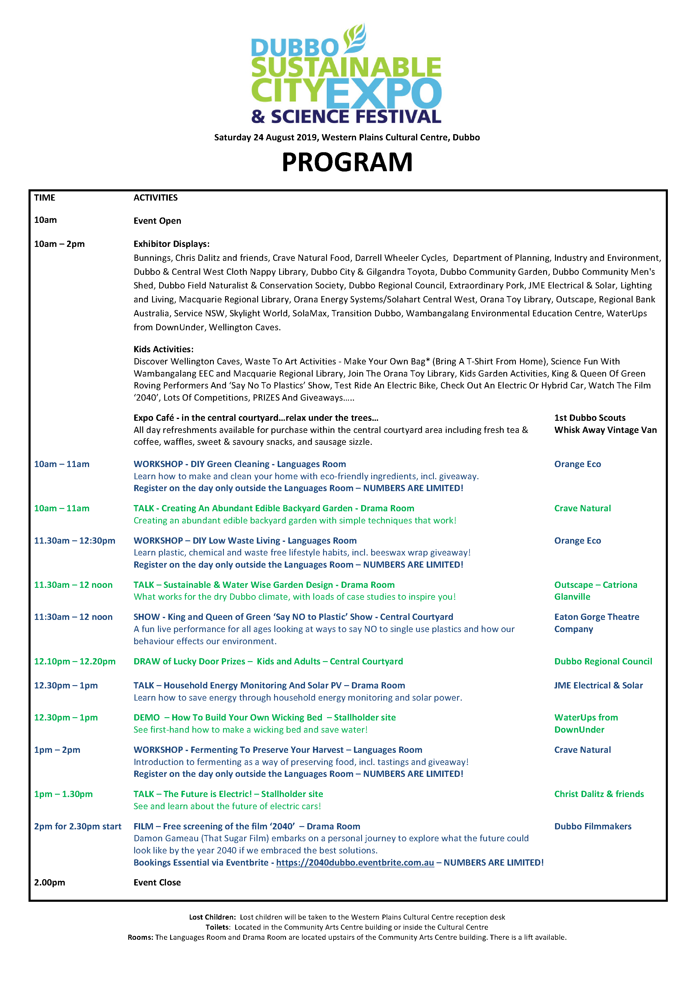 Dubbo Sustainable City Expo and Science Festival 2019 program